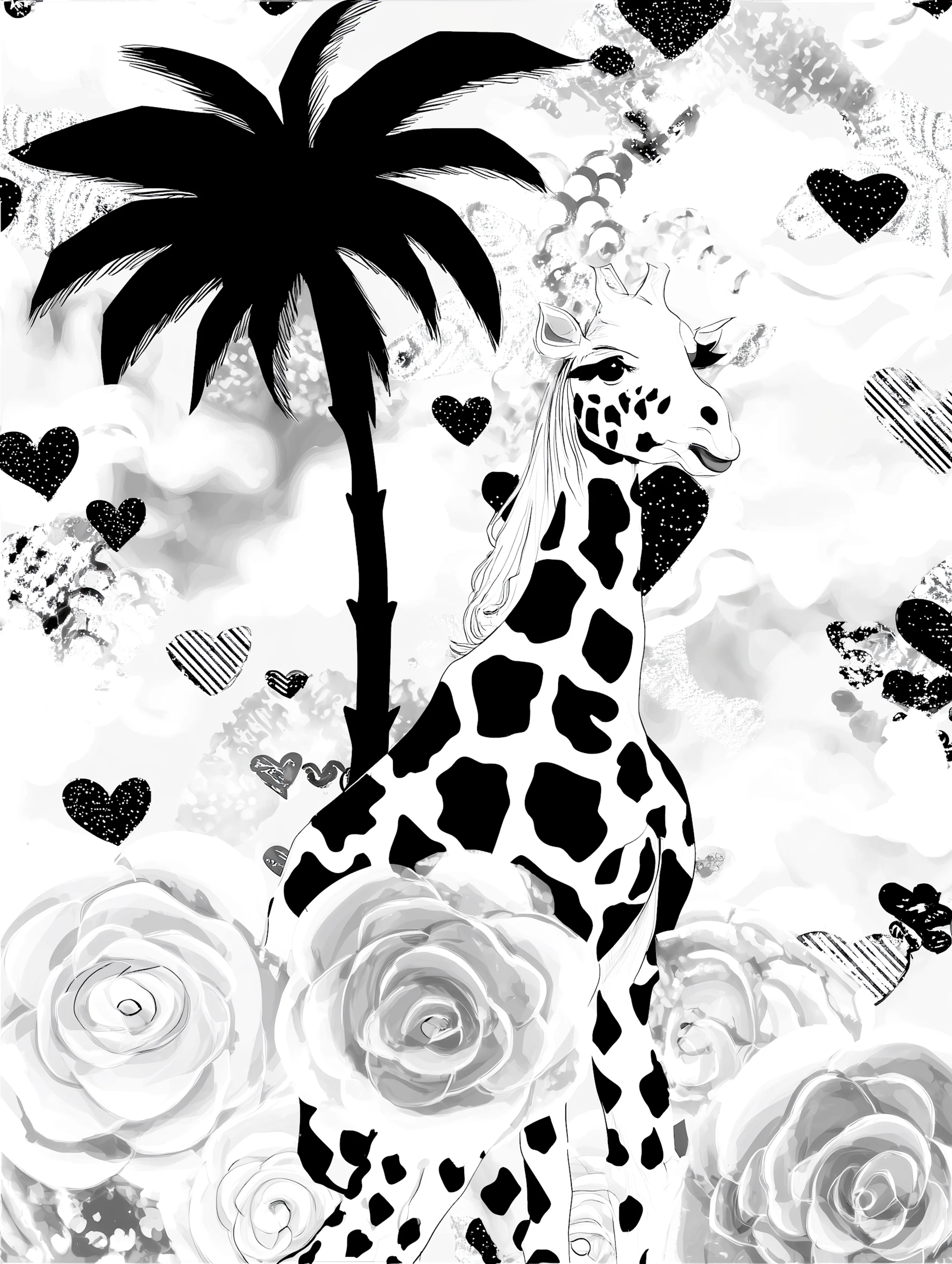 Free printable giraffe coloring page featuring palm tree and giraffe